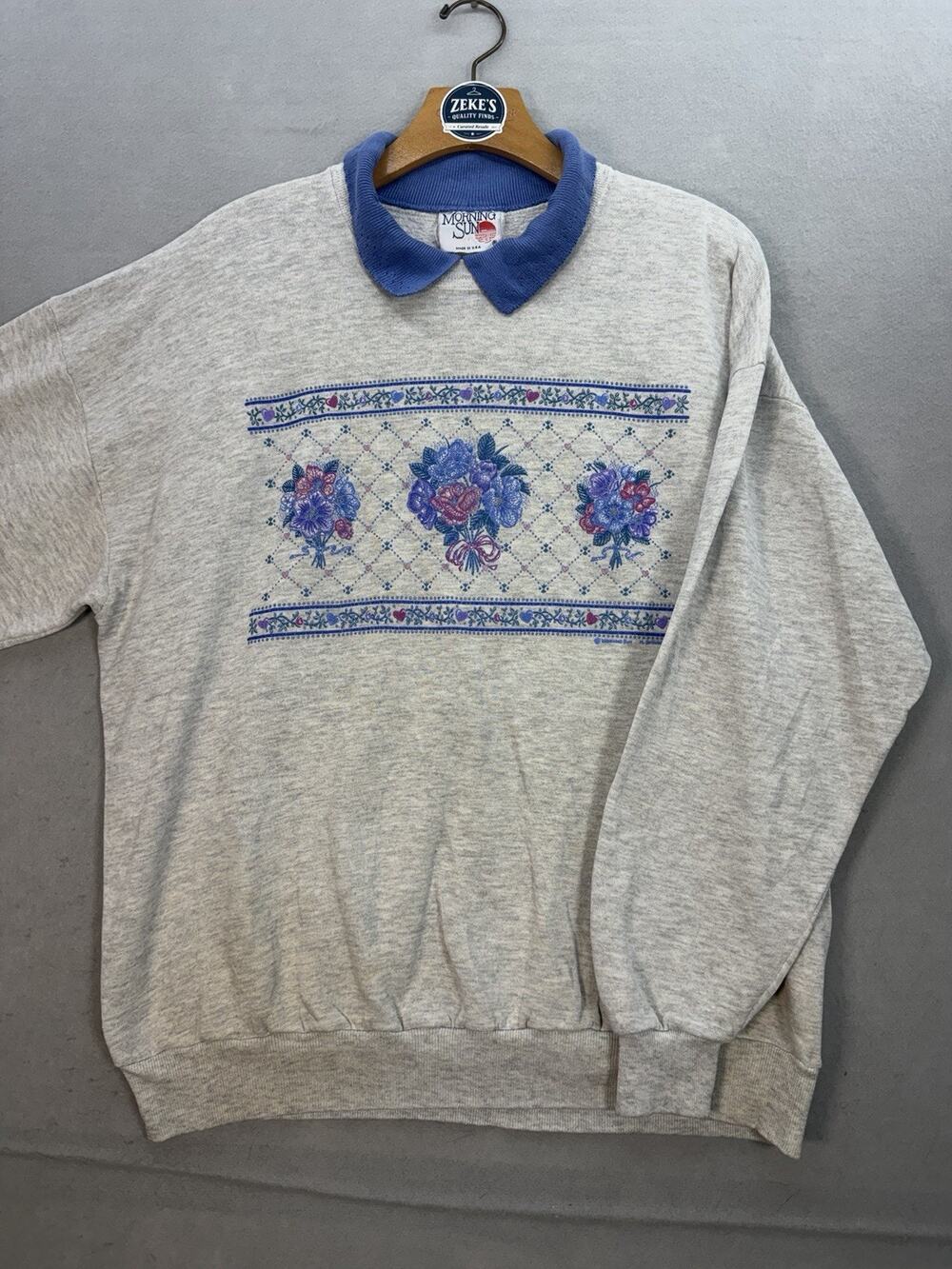 Vintage Morning Sun Women's XL Floral Collared Sweatshirt USA Made Cottagecore
